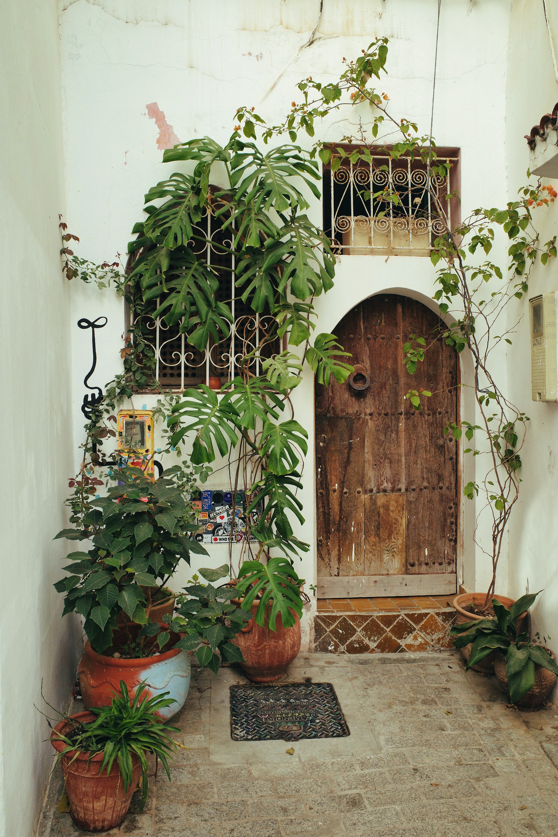 Une cour d'habitation à Tanger, avec une porte en bois et des plantes.